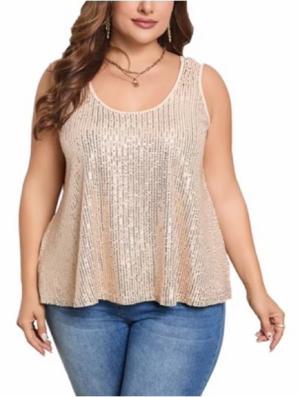 Sleeveless Sequin Scoop Neck Tank Top - Champagne/Gold